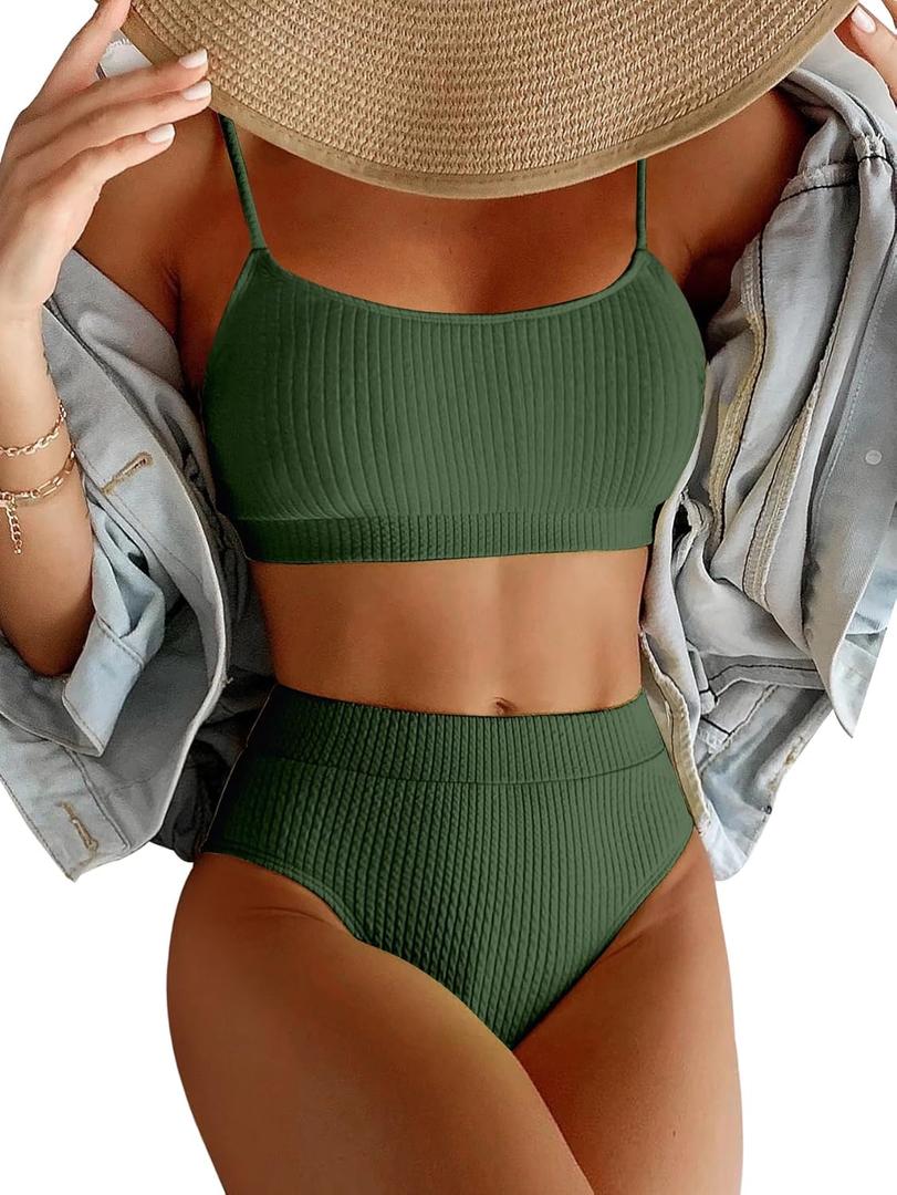 Lilosy High Waisted Tummy Control Ribbed Bikini Crop Top Brazilian Swimsuit Set 2 Piece (XX-Large, Green)