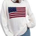 GORGLITTER Women's American Flag Fall Sweaters 2025 Oversized Long Sleeve Knit Graphic Pullover Top (X-Large, White Letter)