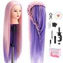 TopDirect 29" Mannequin Head with Hair,Doll Head for Cosmetology Hair Styling Training Head,Manikin Braiding Head With Clamp Holder and Styling Tools (Pink Purple)
