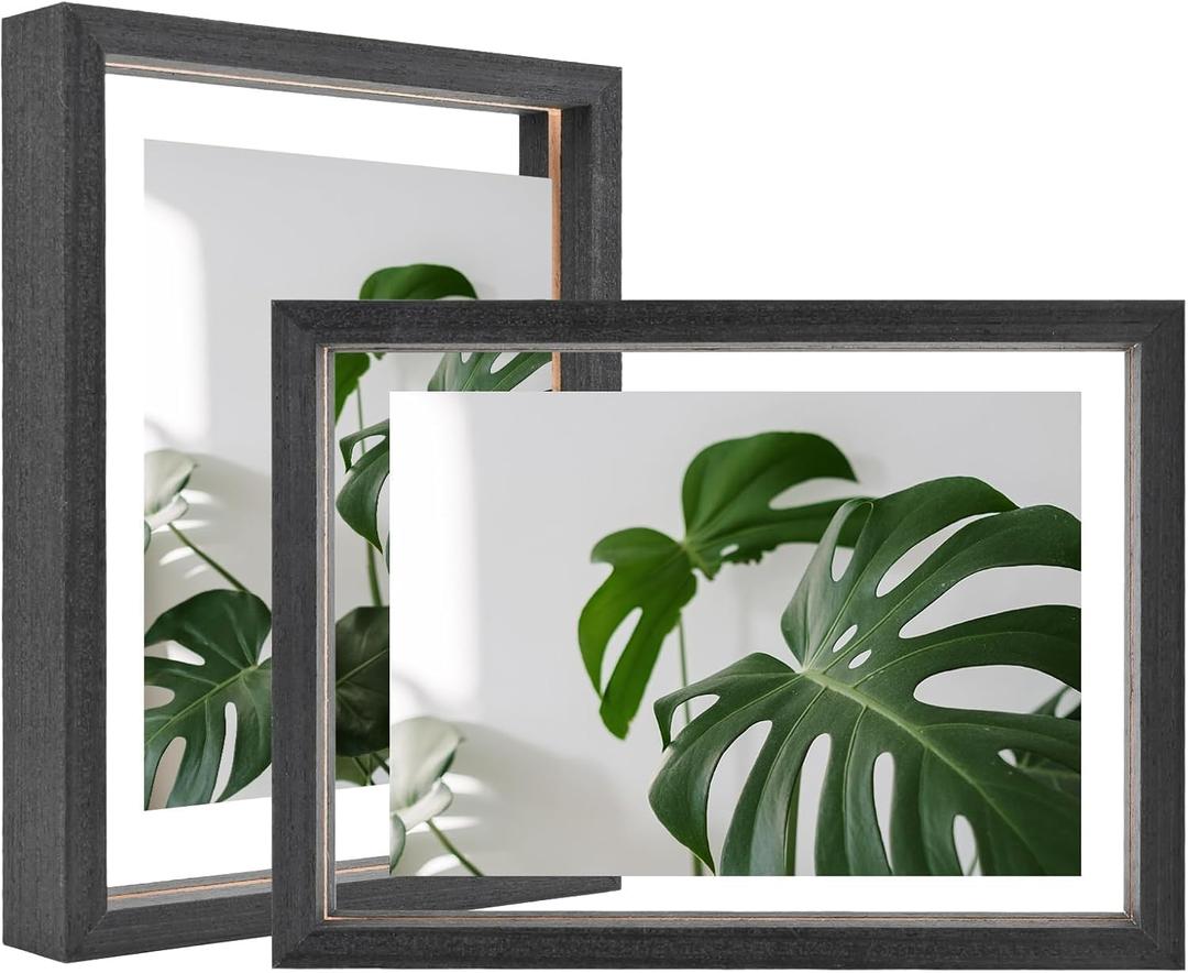 Egofine 6x8 Floating Frames Set of 2, Double Plexiglass Picture Frame, Made of Solid Wood Display Any Size Photo up to 6x8, Wall Mount or Tabletop Standing, Rustic Black