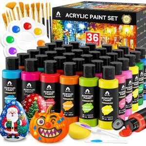 52 Pcs Acrylic Paint Set - 36 Colors (2oz/60ml) with 12 Brushes, 2 Knives & Palette - Rich Pigments for Adults, Artists & Beginners - Painting on Pumpkin Canvas Ceramic Rock Wood (Classic)