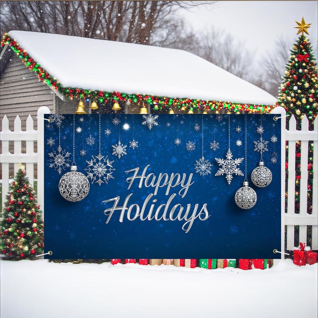 71x43 Inch Merry Christmas Banner Outdoor Decoration Blue Background Holiday, Christmas Party Yard Porch Wall Dcor