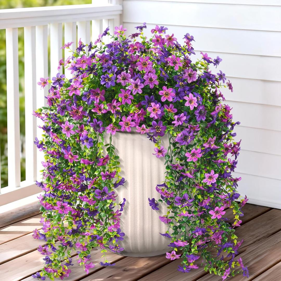 Artificial Hanging Flowers for Outdoors, 2 Pcs Fake Hanging Plant Spring Summer Decor, UV Resistant No Fade Realistic Faux Flower for Front Door Porch Planter Patio Garden Yard(Double Purple)