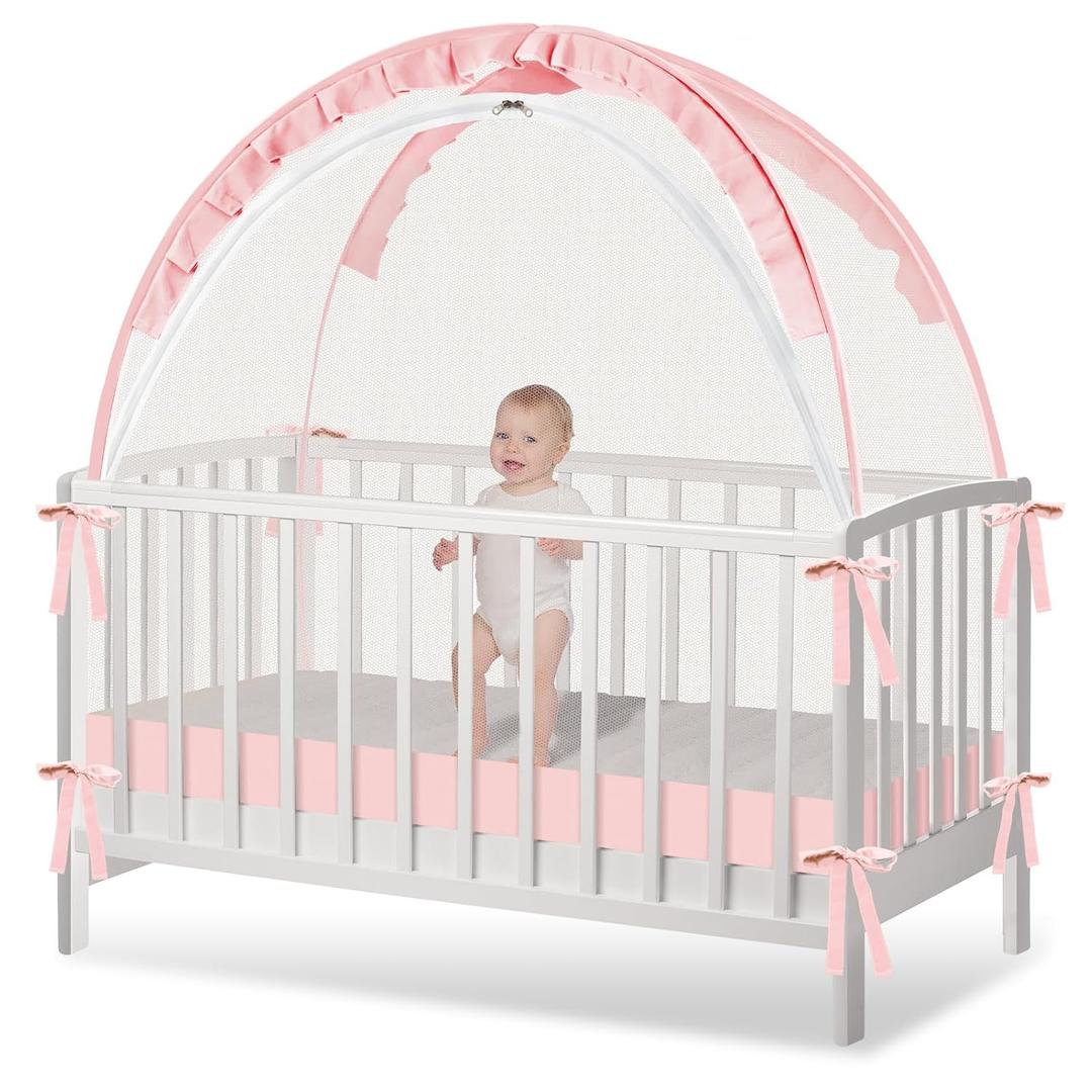 Crib Tent - Crib Net to Keep Baby in, Stop Baby from Climbing Out of Crib, Pop Up Crib Tent with Durable Breathable Net Double Zipper Strong Rods Installation Convenience (Large, Pink)