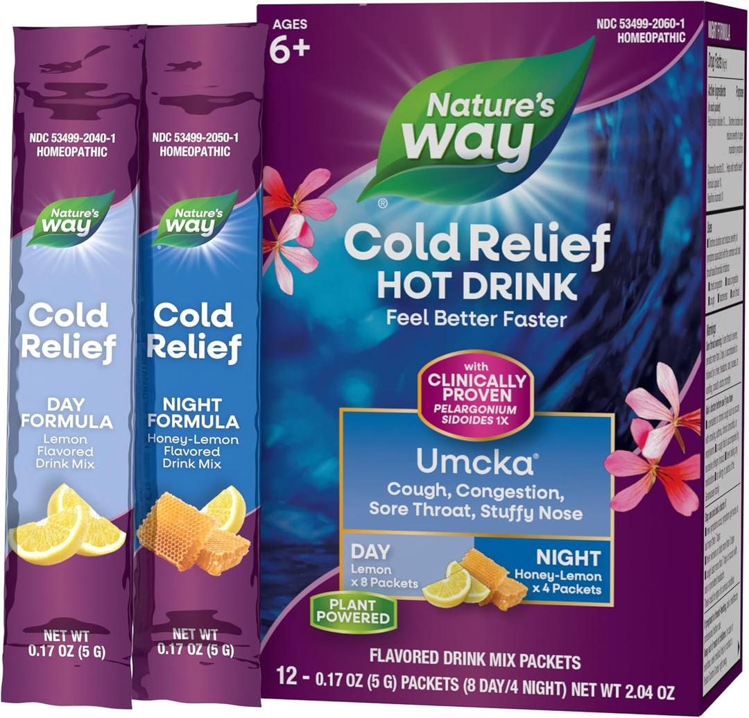 Nature's Way Cold Relief Hot Drink, Umcka, Homeopathic, Clinically Proven Pelargonium Sidoides 1X, for Cough, Congestion, Sore Throat, Stuffy Nose, Day & Night Formula, 12 Packets (Packaging May Vary)