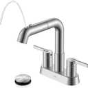 KENES Pull Down Bathroom Faucet with Sprayer, Brushed Nickel 4 Inch 2 Handle Centerset Bathroom Faucets 3 Hole with Pull Out Sprayer, Vanity Faucet with Pop Up Drain & Supply Lines LJ-9059A