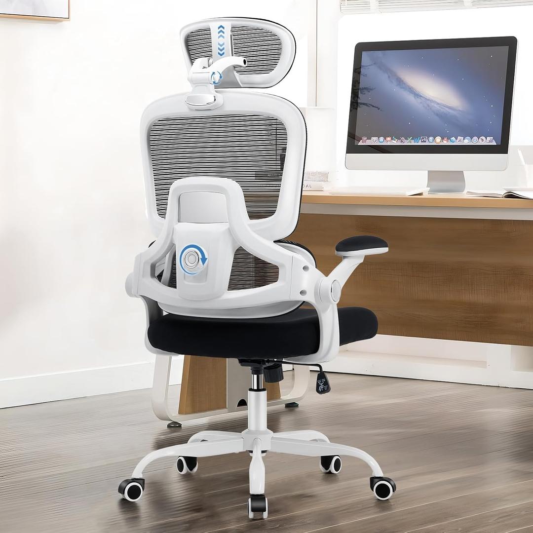 Ergonomic Office Chair, Mesh Desk Chair with 2D Adjustable Lumbar Support  Relieve Back Pain for Long Workdays Sitting, High Back with 3D Headrest & Armrests for Home Office Comfort, White