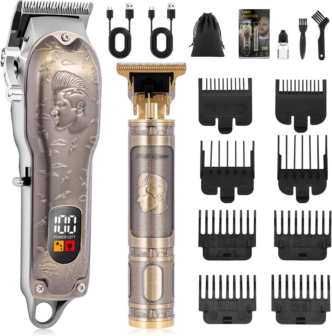 Professional Hair Clipper Set Men's Cordless Hair Clipper T-Shaped Blade Beard Trimmer Sideburn Trimmer Electric Hair Clippers Rechargeable Professional Hair Trimmer Set (Antique Bronze)