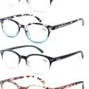Reading Glasses Women Round Readers Glasses +5.00 for Small Head/Petite Face Cheaters W/Lightweight&Comfortable Fit 4 Pack (2 Black+1 Leopard+1 Blue Demi)
