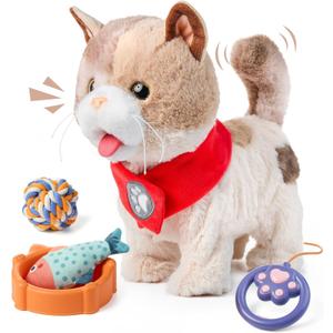 TUMAMA Toy Cat for Kids, Cute and Realistic Kitty Toy That Walks, Meows, Tongues Out and Wags Tail, Interactive Electronic Cat Plush Toy with Leash, Best Gift for Boys and Girls Ages