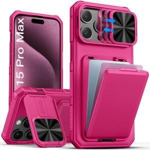 SSLOTSCASE for iPhone 15 Pro Max Case Wallet with Card Holder & Camera Cover Stand & Kickstand & Slide Camera Lens Cover, Rugged Multifunctional Phone Case Cover for iPhone 15 Pro Max 6.7'' 2023, Pink