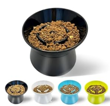 F FD Hub Tilted Raised Slow Feeder Bowl for Cats and Small & Medium Dogs, Raised Design Improves Posture, Spiral Inner Shape Prevents Fast Eating, Dishwasher Safe, 10 oz (Black, L-Cats)