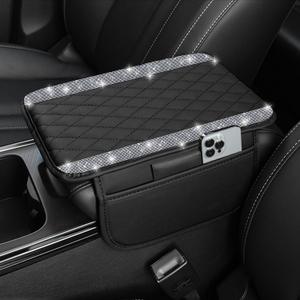 NBTEPEM Bling Car Center Console Cover, Leather Car Arm Rest Cover Cushion with 2 Storage Bags, Universal Auto Armrest Protector Storage Box, Bling Accessories Interior for Most Vehicles (Black)