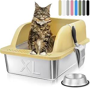 Stainless Steel Litter Box, 24'' x 16'' x 12'' Odor Control Metal Litter Box with Lid Metal Cat Litter Box with High Sides Cat Litter Box Enclosure, Anti-Leakage, Include Scoop (Cream Yellow)