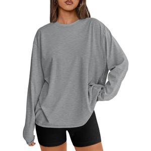 Trendy Queen Womens Spring Tops Oversized Long Sleeve T Shirts 2026 Basic Tee Fall Casual Workout Y2K Clothes (Small, Grey)