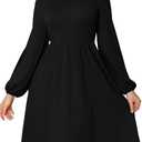 MarryUP Women's Fall Knit Sweater Dress V Neck Cute Balloon Long Sleeve A-Line Swing Casual Mini Wedding Guest Dresses with Pockets Black, Size L