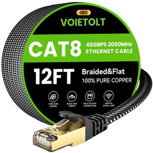 Cat 8 Ethernet Cable 12 FT Flat, High Speed 40Gbps 2000Mhz Braided Internet Cable with Gold Plated RJ45 Network LAN Cable SSTP, Heavy Duty Ethernet Cord Compatible for PS4/5, for Modems, PC/Laptop