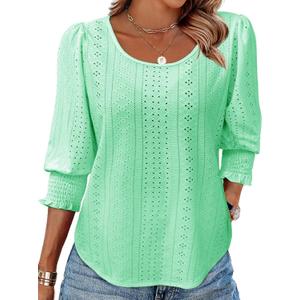 Tankaneo Womens 3/4 Length Sleeve Ladies Tops and Blouses Casual Eyelet Top Crewneck Dressy Shirts with Smocked Cuffs 2025 (Green, M)