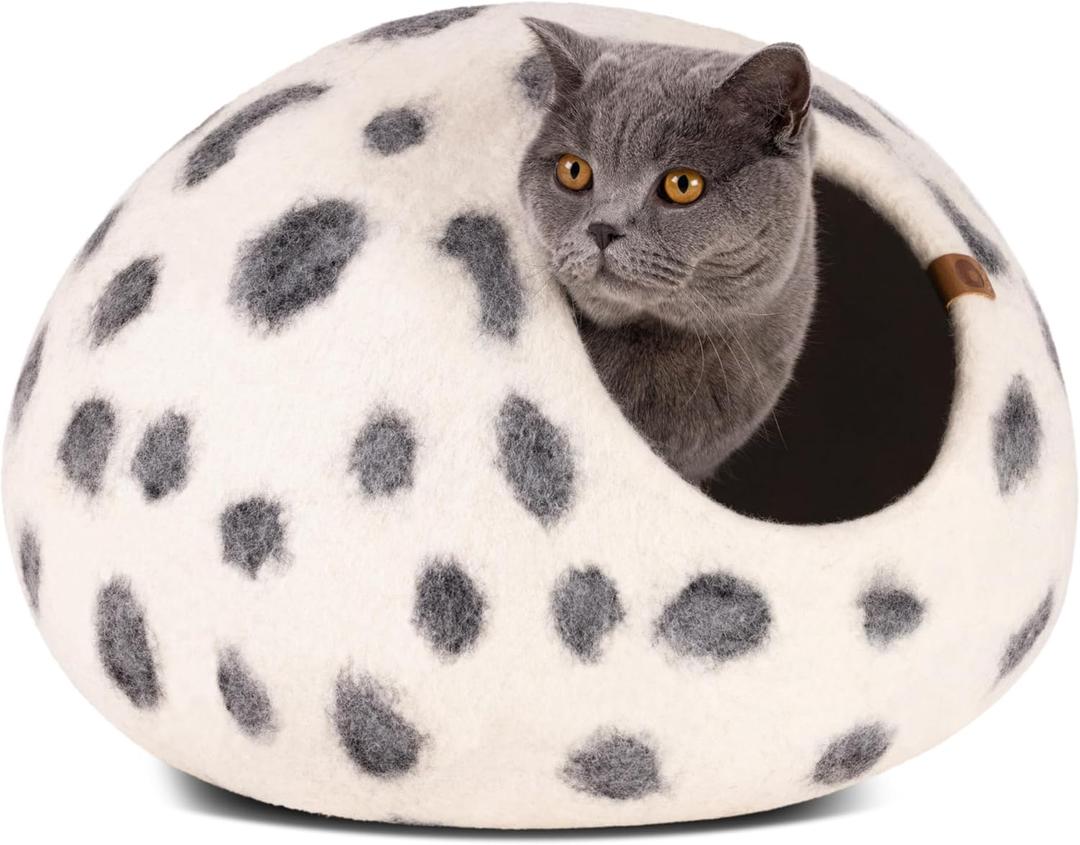 MEOWFIA Cat Cave Premium Felt Cat Bed for Indoor Cats, Handmade Merino Wool (Snow Leopard, Medium)