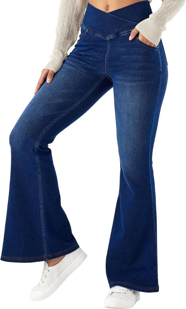 MONCCIZA Women Stretchy Bell Bottom Flare Jeans Pull On Pants with Pockets (Blue, XL)