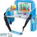 MENZOKE Kids Travel Tray, Car Seat Tray for Kids Travel, Toddler Essentials Girls with Tablet Holder, Road Trip Essentials with Cooler Cup Holder, Dry Erase Board & Storage Pocket for Airplane, Blue