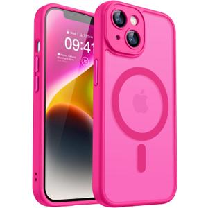 CANSHN Magnetic for iPhone 14 Case, Upgraded [Full Camera Protection] [Compatible with Magsafe] [Translucent Matte] Shockproof Protective Phone Case for iPhone 14 6.1" - Hot Pink