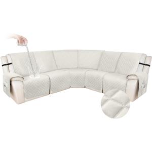 HDCAXKJ 100% Waterproof Velvet Recliner Sectional Couch Covers L Shaped Corner Reclining Sofa Cover Washable Thick Non Slip Sectional Slipcover with Pockets (5 Seat Recliner Couch, Cream)