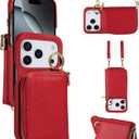 Wallet Case for iPhone 17 Pro Max 6.9 inch with Shoulder Strap Ring Buckle, Zipper Flip Organ Purse, Card Holder Stand Cell Phone Cover for i Phone17 17Pro i17 ProMax 17ProMax Women Men Black (Red)