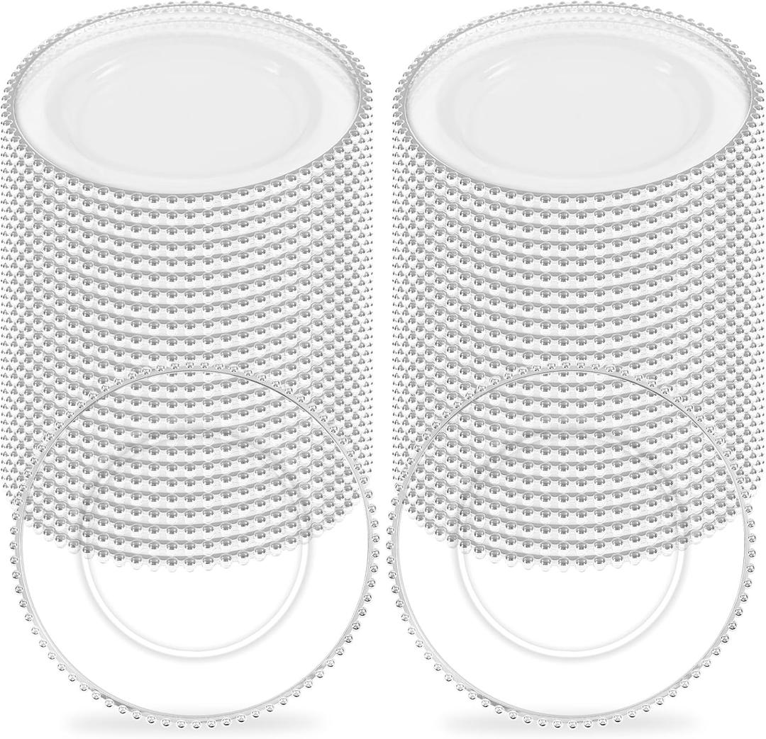 50Pcs Clear Charger Plates Bulk Wedding - 13" Premium Clear Plastic Chargers with Silver Beaded Rim，Decorative Dinner Charger Plates for Events & Parties