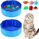 Cat Pool with Toys, Portable Cat Pool Toys, Fish Tank Cat Toys for Bored Indoor Cats, Cat Kick Toy Self-Play Pool, Folding Pool Pet Cleaning Basin (11.81*3.94 Inches)
