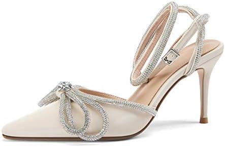 Arqa Rhinestone Bow Heels for Women Pointed Toe Crystal Ankle Strap Slingback Pumps Satin Stiletto High Heel Sandals Wedding Bridal Shoes, Size 10, 