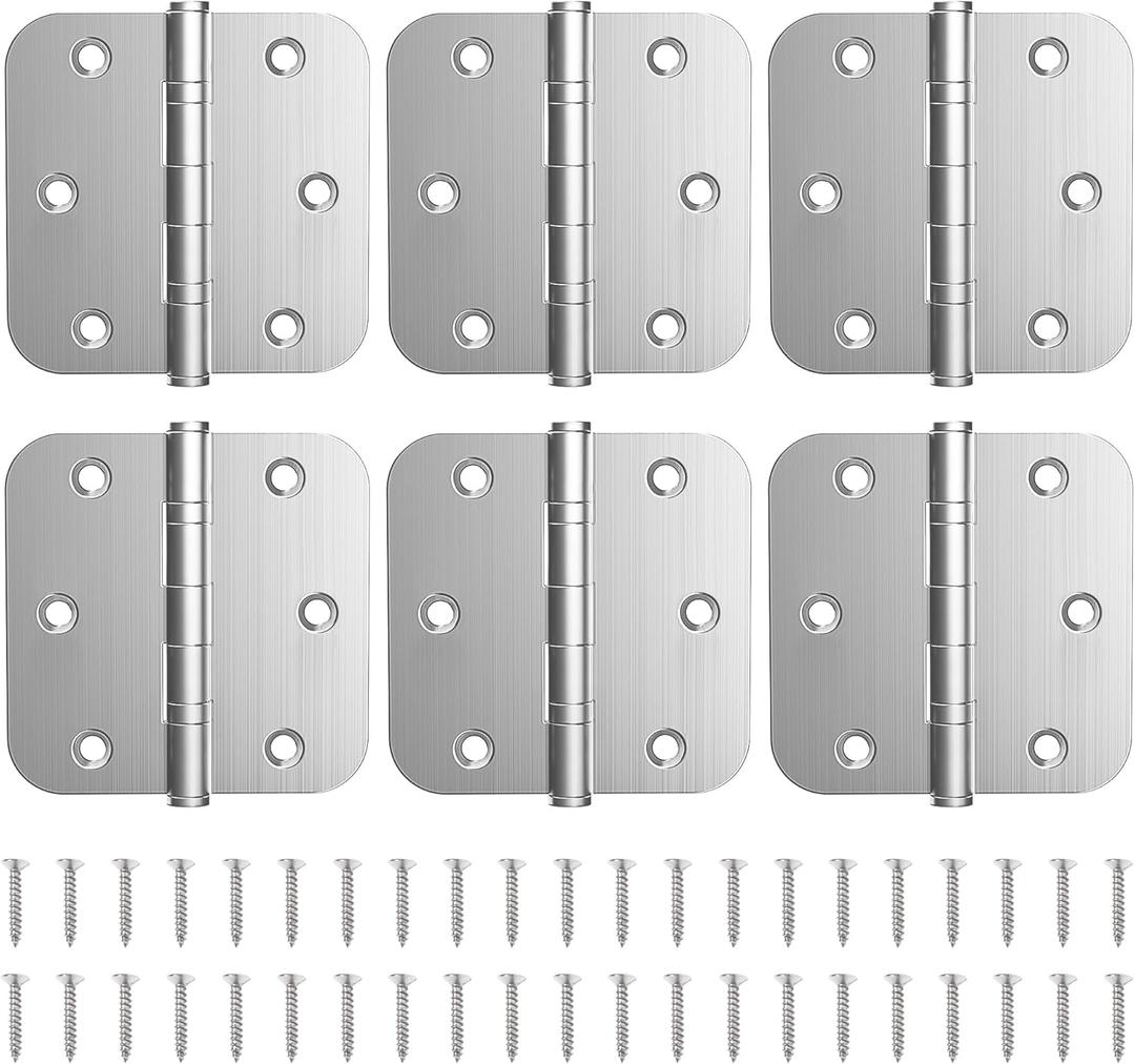 KOLET Ball Bearing Door Hinges, 3.5 Inches Heavy Duty Stainless Steel Door Hinges, 5/8'' Radius Corner Hinges, Smooth and Quiet, Non Removable Pin, Brushed Nickel, 6 Pack