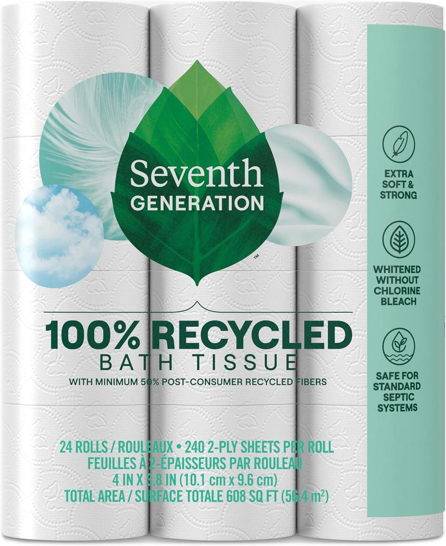 Seventh Generation Toilet Paper White Bathroom Tissue 2-ply 100% Recycled Paper without Chlorine Bleach 24 count, Pack of 2 Seventh Generation Toilet Paper White Bathroom Tissue 2-ply 100% Recycled Paper without Chlorine Bleach 24 count, Pack of 2