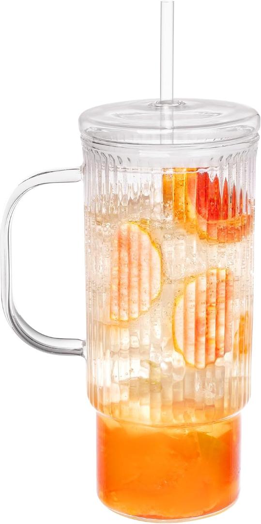 32oz Ribbed Glass Cup with Handle glass Lid and Plastic Straw, Glass Tumbler, Iced Coffee Cups Hot/Cold Drinks