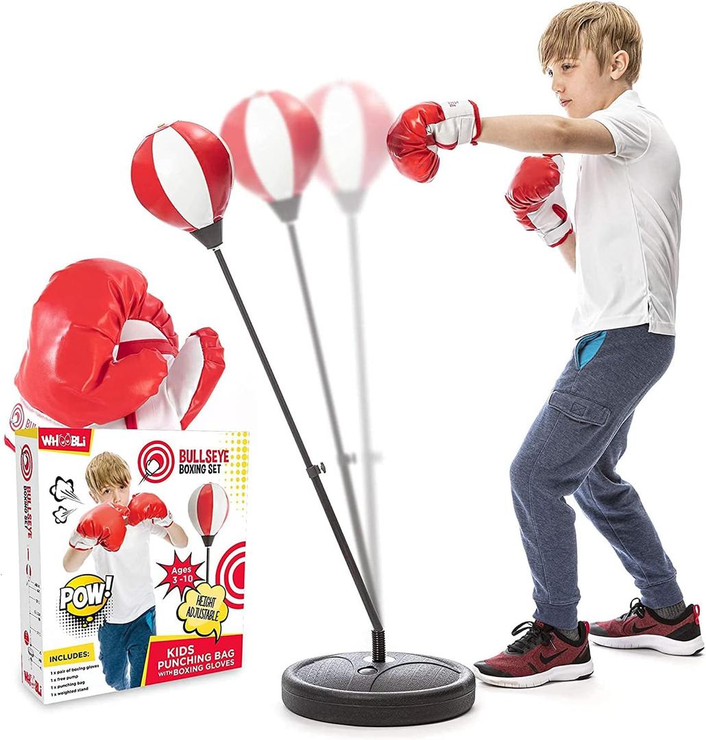 Whoobli Punching Bag for Kids and Toddler Incl Boxing Gloves| 3-10 Years Old Adjustable Kids Punching Bag with Stand| Sports Toy for Boys| Ideal Christmas Birthday Gift for Children; New 2025 (Red White)