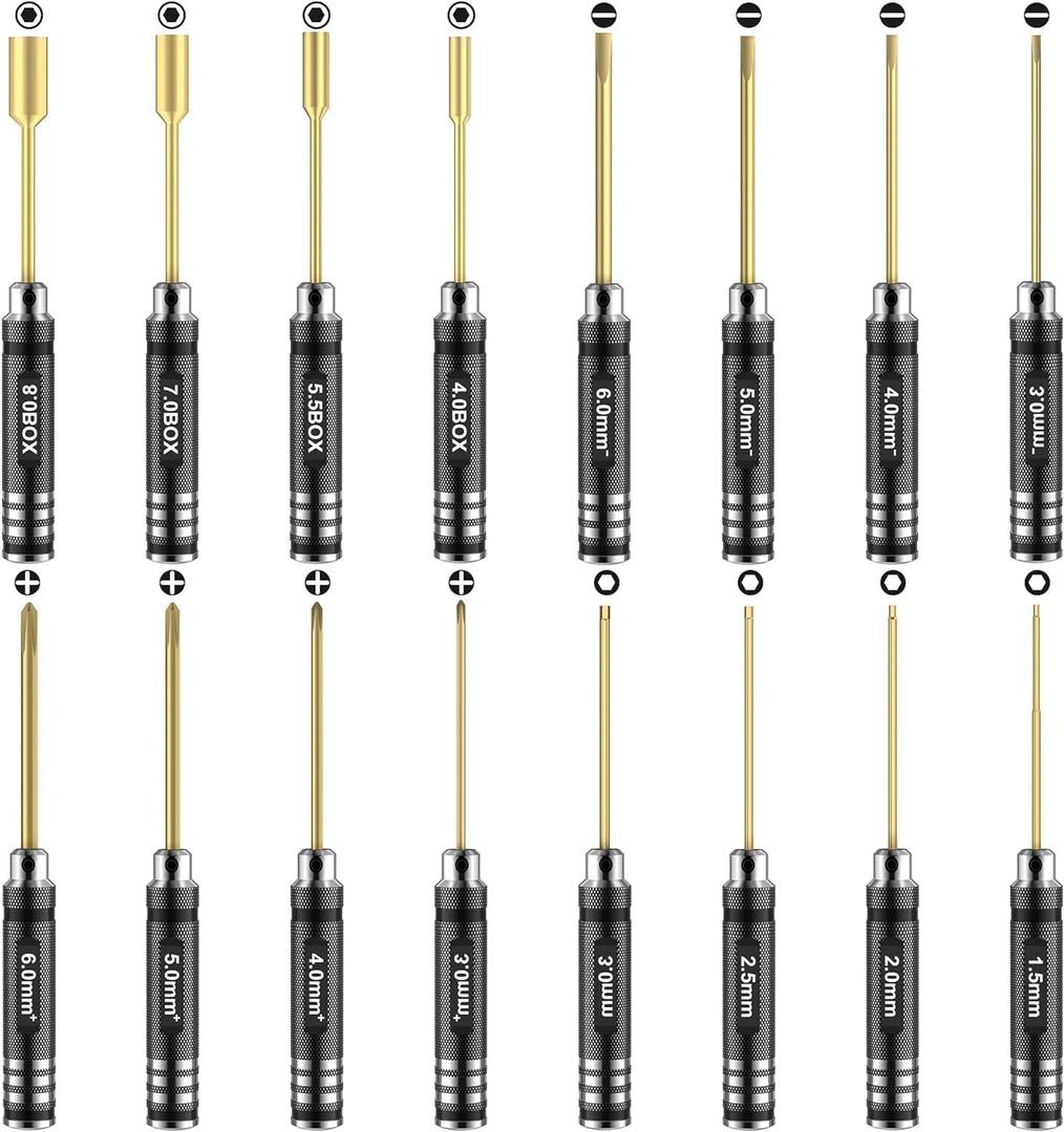 RC Car Tool Kit - 16pcs Screwdriver Set Includes Flat, Phillips, Hex, Titanium Steel Tools with Storage Bag for RC Car, Drone, Helicopter Models