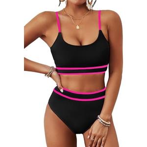 BMJL Women's High Waisted Bikini Ribbed Two Piece Swimsuit High Cut Color Block Adjustable Straps Bathing Suit, M