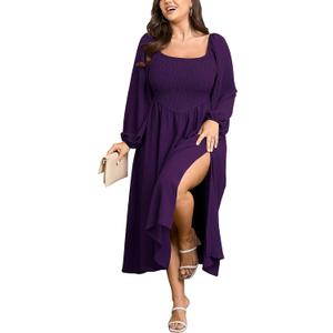 SCOMCHIC Women's Plus Size Fall Dresses Long Sleeve Square Neck Smocked Flowy A-Line Formal Wedding Guest Maxi Dress (XXL)