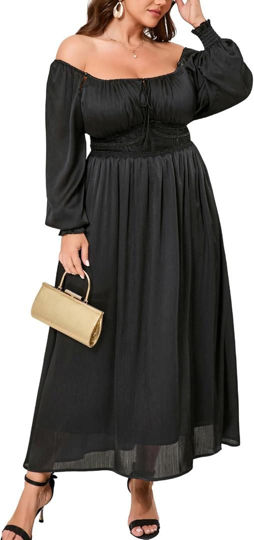 EYWOL Womens Plus Size Formal Wedding Guest Dress,Long Sleeve Elegant Flowy Spring Dresses Maxi Dress for Cocktail Party Prom (Black, XXL)