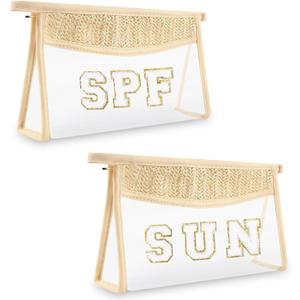 2 Pcs Boho Straw Clear Makeup Letter Pouch, Sunscreen Pouch for Beach Travel, Waterproof Beach Toiletry Sun Bag Accessories for Women