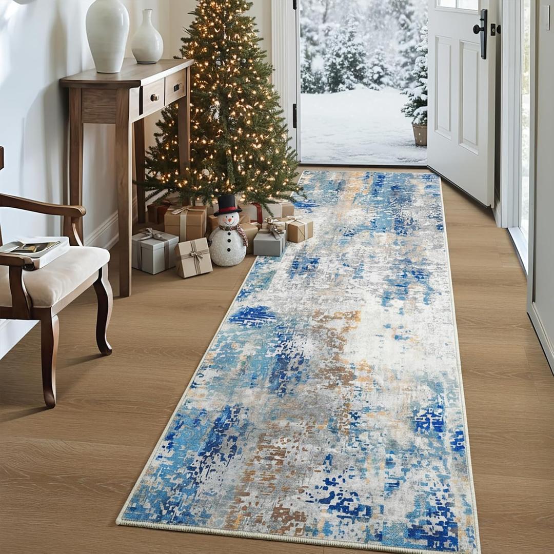 Merelax 2x6 Entryway Long Runner Area Rug, Blue Washable Modern Abstract Entry Rugs for Kitchen Bedroom Hallways Living Room, Non Slip Carpet for Indoor Door High Traffic Family Room Decor
