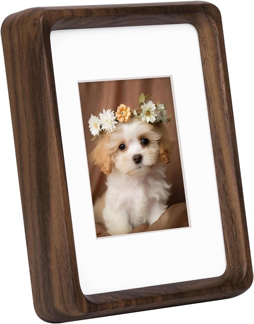 Wooden Small Picture Frames 3.5x5 inch, with Mat to fit Photo 5x7cm, Natural Walnut Wood 5x3.5 inch Photo Frames, Home Decor Tabletop Mini Photo Picture Frame (Walnut)