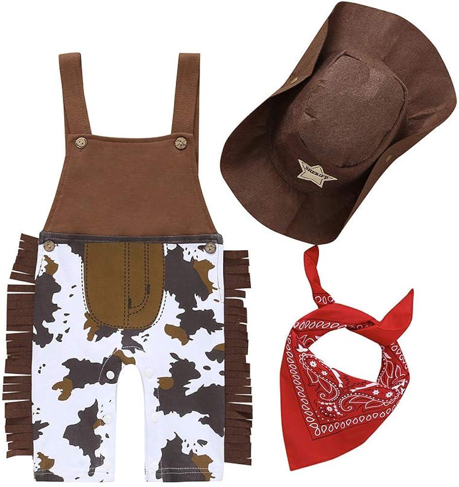 A&J DESIGN Toddler Boys Western Cowboy Romper Overalls Sets (3T, Brown)