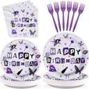 96Pcs Purple Music Party Decorations Purple Birthday Plates and Napkins Disposable Paper Tableware Set for Vocalist Music Tour Concert Fans Gathering Birthday Party Supplies, Serves 24