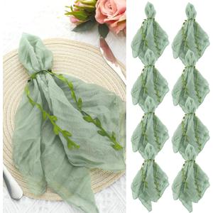 80 Set Sage Green Cheesecloth Napkins with Napkins Ring 18 x 18 Inch Gauze Sage Cloth Napkin Cotton Reusable Dinner Leaf Ribbon Rustic Linen Table for Wedding Baby Shower Event Party