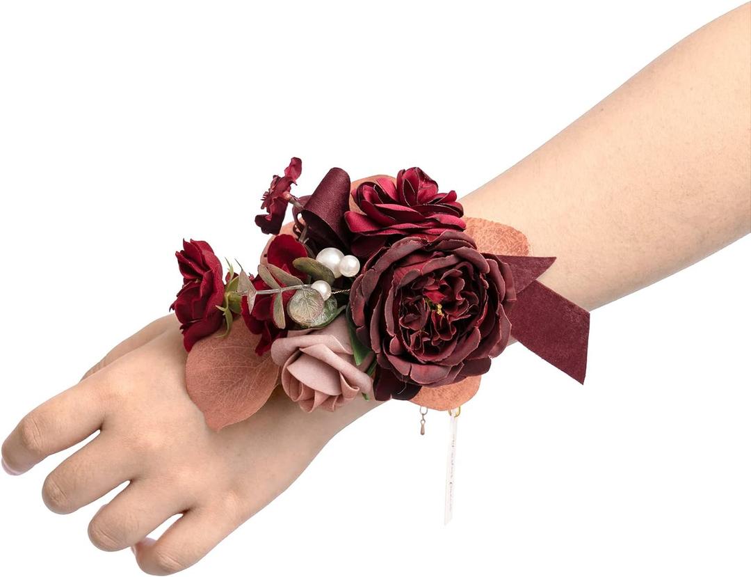 Ling's Moment 6pcs Wedding Wrist Corsage Artificial Flowers, Girl/Mother Homecoming Prom Corsages Wristlet Dcor, etc. Burgundy Dusty Rose