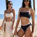 SUUKSESS Women High Waisted 2 Piece Bikini Set Cheeky High Cut Bandeau Swimsuit (Black, M)