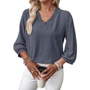 SHEWIN Women Smocked Neck Tops 3/4 Sleeve Loose Fit Shirts Business Dressy Casual 2026 (Blue) L