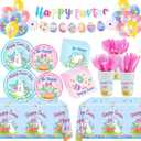 185 Pcs Easter Party Supplies Easter Party Decorations Tableware Set Serves 24, with Easter Bunny Plates Napkins Cups Forks Knives Spoon Tablecloth Banner Balloons for Spring Eater Party Decorations
