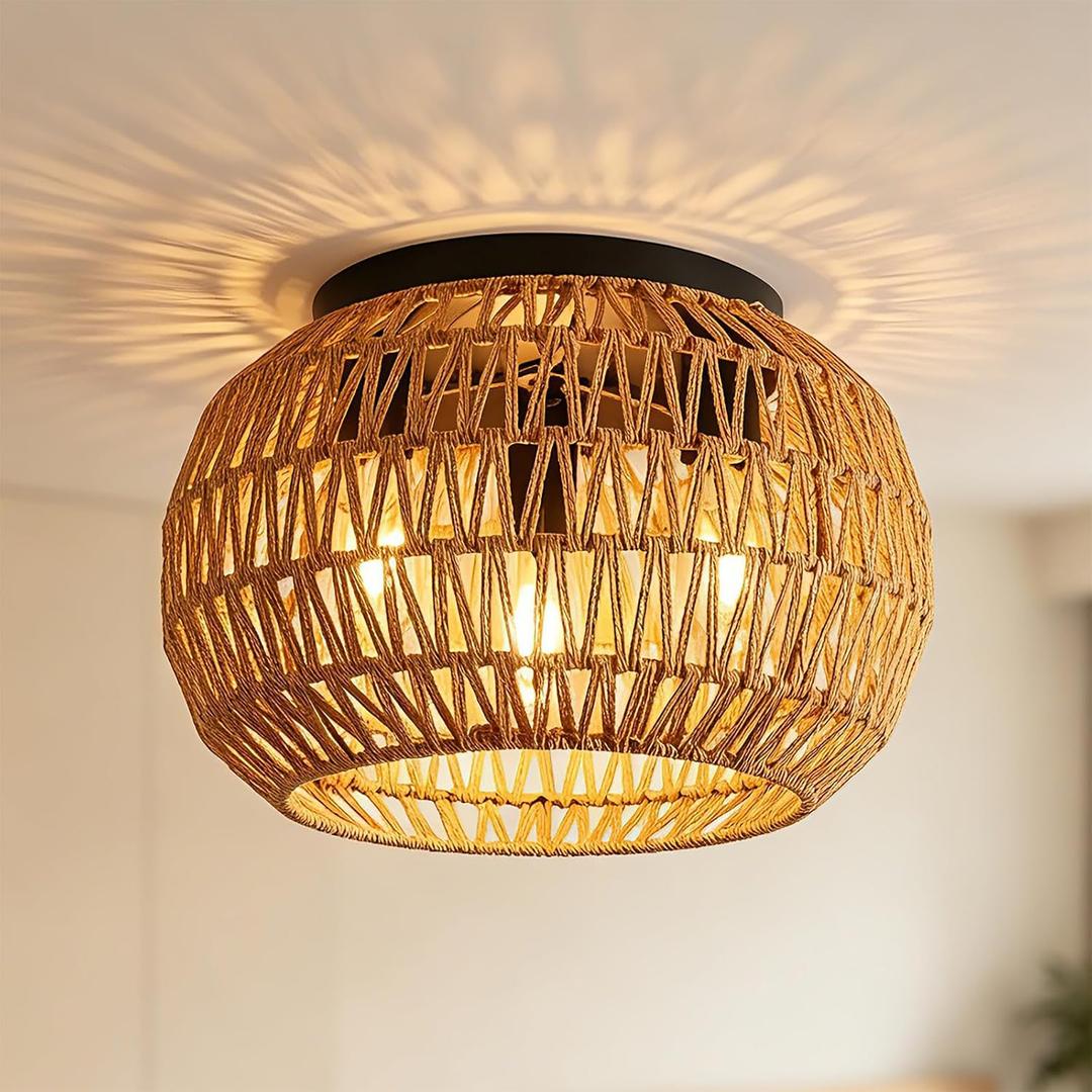 16" Boho Rattan Flush Mount Ceiling Light Fixture, Large Rustic Chandelier